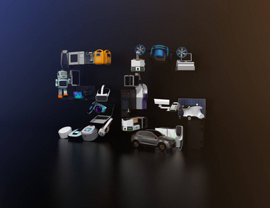 藍色背景上的智能設備。互聯網的東西和家庭自動化的概念。消費產品。3d 渲染圖像